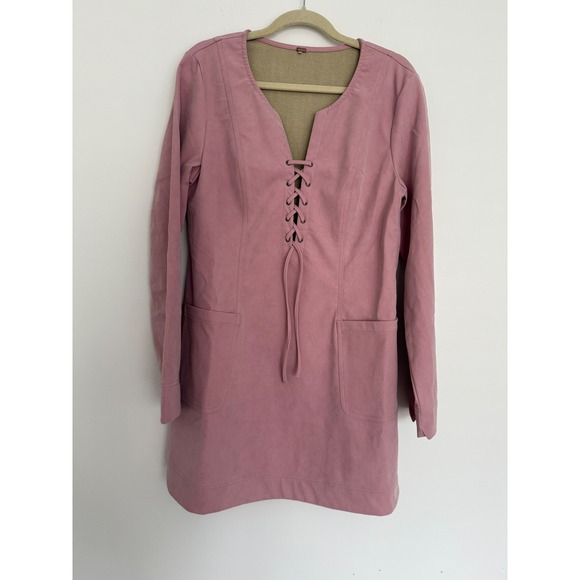 Free People Faux Suede Rose Pink Mini Dress Medium Lace‎ Up Accent Boho Chic - Picture 3 of 16